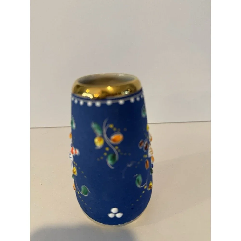 Hand Painted AVA Alcobaca Portugal Floral Blue & Gold Ceramic Vase 4.5 in